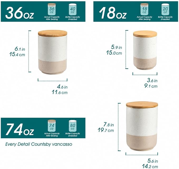 vancasso Sabine Kitchen Canister Set of 3, Ceramic Food Storage Containers with Airtight Wood Lids, Countertop & Pantry Organization for Flour, Sugar, Coffee, Tea & Snacks