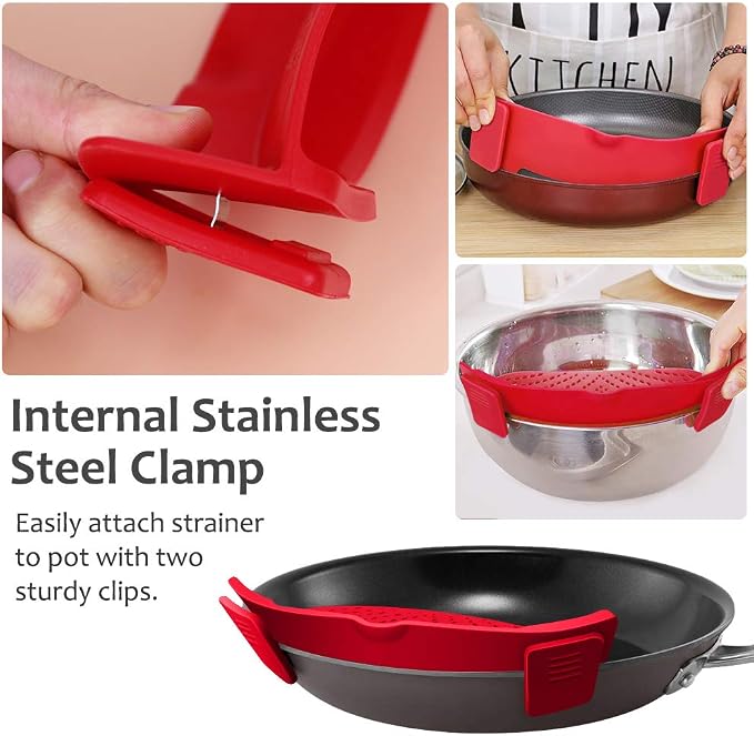 YEVIOR Clip on Strainer for Pots Pan Pasta,Silicone Food Pan Strainer | Food-grade BPA-free,Kitchen Food Strainer for Spaghetti, Pasta,Vegetable Fruits Fits All Bowls and Pots (Red)