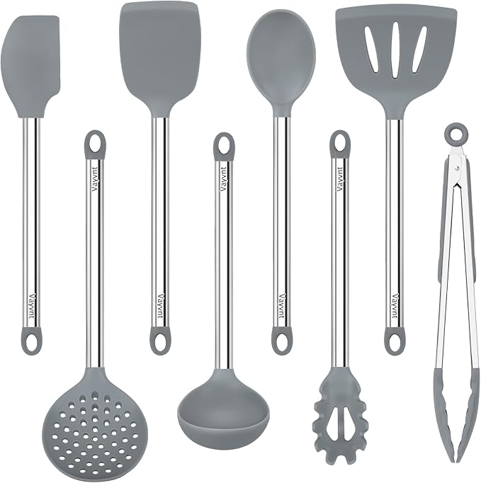 Vayvnt 8 PCS Cooking Utensils Set, Non-toxic Silicone Utensils, Gray | Heat Safe to 480℉, Dishwasher Safe, Stainless Steel Long Handle, Food Grade Silicone, Non Scratch, for Non Stick Cookware