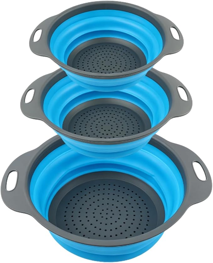Collapsible Colander Set, 3 Pack Silicone Kitchen Strainer Set, Space Saving Design, Small Round Colander Baskets for Draining Pasta, Vegetable and fruit, (3Qt+4Qt+5Qt)