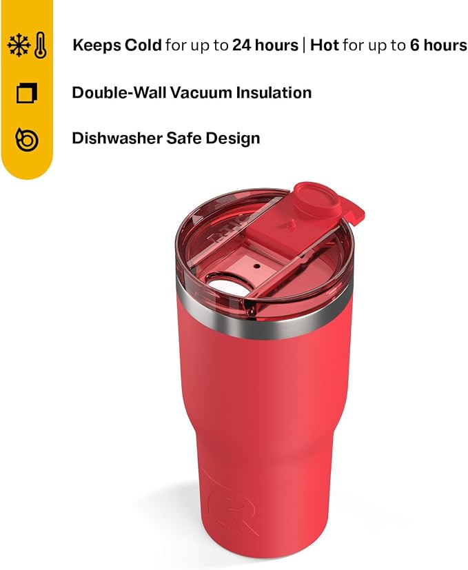 RTIC 20oz Essential Tumbler with Lid, Ceramic Lined, Flag Red | Insulated, Stainless Steel Metal, Portable Travel Cup for Hot and Cold Drinks, Coffee, Car, Camping and Travel