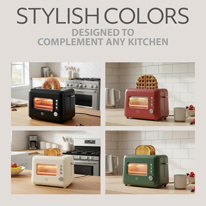WILLOW Eco Series 2 Slice Toaster with Clear-View Window, 6 Shade Settings, 900W Retro Toaster with Extra Wide Slots, Bagel, Cancel, & Defrost Buttons, Toasters 2 Slice w Crumb Tray for Easy Cleanups