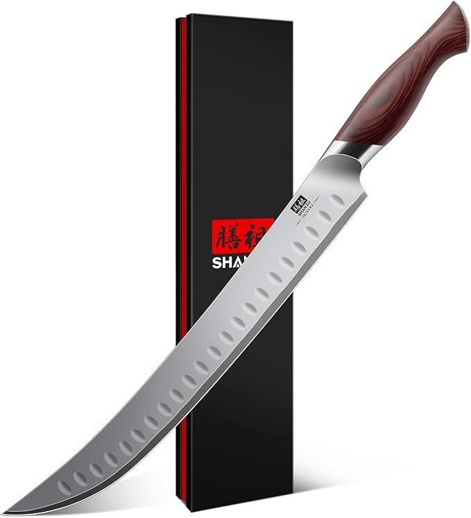 SHAN ZU Brisket Slicing Knife, 11.6 Inch Carving Knife Japanese | High Carbon 10Cr15Mov Stainless Steel, Professional Ultra Sharp Meat Cutting and BBQ knife with Ergonomic Pakkawood Handle