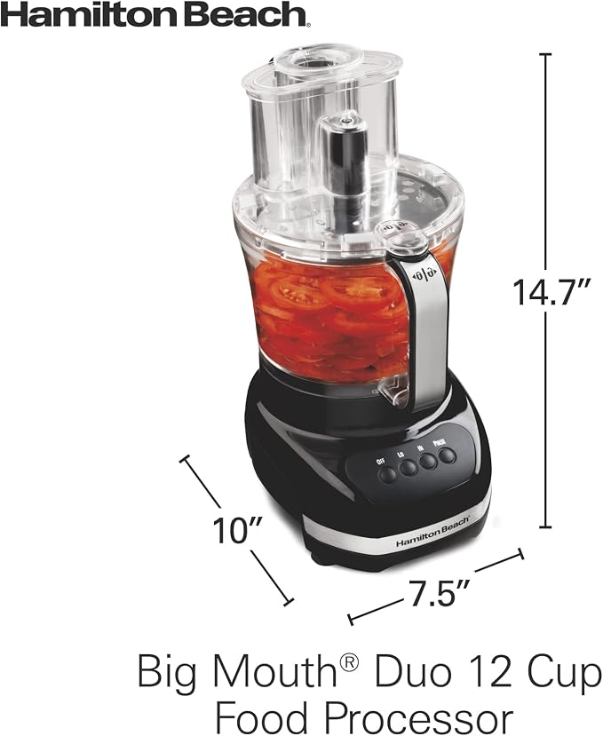 Hamilton Beach Big Mouth Duo Plus 12 Cup Food Processor | Includes Additional 4 Cup Mini Food Processor Vegetable Chopper Bowl | S-Blade and Shredding Disc | 500 Watt | Black | 70580