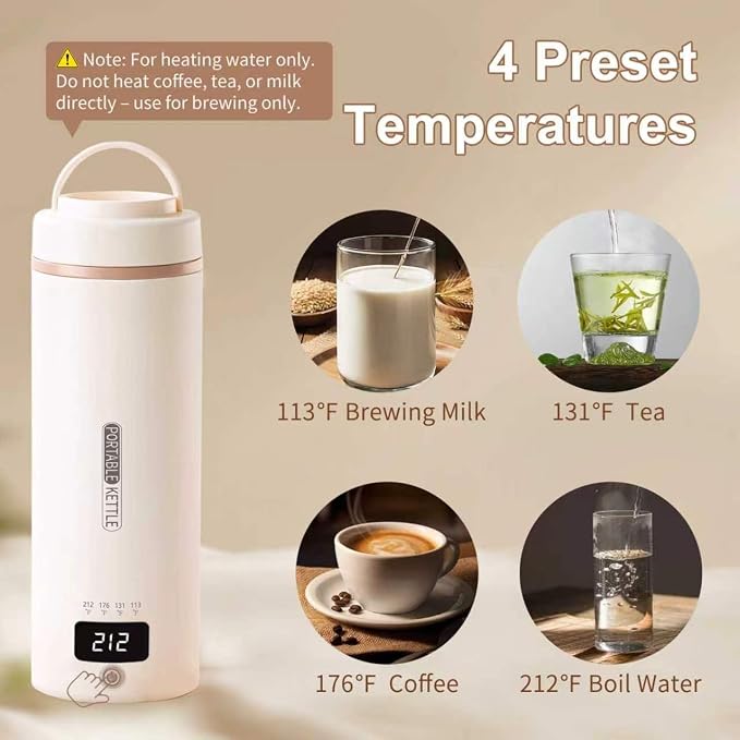 Travel Kettle, Portable Electric Kettle for 4 Temperature Controls, Cream | 304 Stainless Steel Liner, Auto Shut-off, 300W (120V) Fast Boiling, Water Bottle for Business Trips, Dorm & Office, 450ml