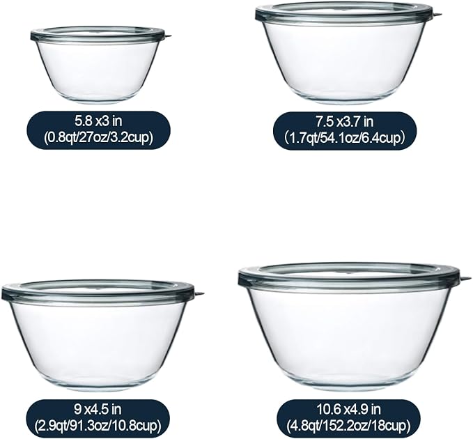 M MCIRCO 4 Packs Glass Mixing Bowls with Lids Set, 0.8/1.7/2.9/4.8 Qt | Glass Bowl Set, Nesting Bowls for Meal Prep, Food Storage, Bowls For Cooking, Baking, BPA Free