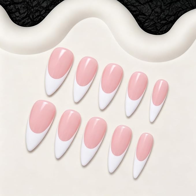Handmade White French Tip Press on Nails Long Stiletto Acrylic Press on Nails Nude Fake Nails Press on Nails Solid Color Hand Made Thick Stick on Nails for Women 10pcs (S)