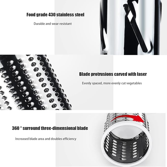 Handheld Rotary Cheese Grater Shredder- 3 Interchangeable Stainless Steel Drum Blades Manual Round Mandolin Vegetable Slicer Nut Grinder with Upgraded Strong Suction Base & Free Sharp Peeler, White