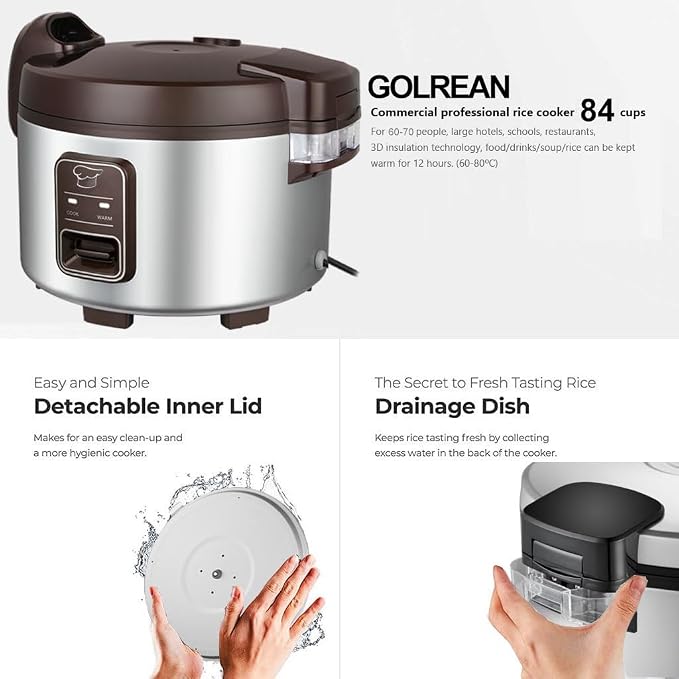 15.8QT Large Commercial rice cooker & warmer 84 cups cooked rice, One-Touch | Commercial Electiric Rice Warmer for 60-70 people, 32 cups uncooked rice, Non-stick mat, Non-stick inner pot, Auto Keep Warm
