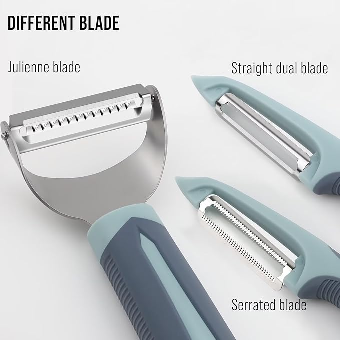 Julienne Peeler Vegetable Peeler with 4.8'' Long Silicone Handle | Non-slip grip & sharp blade; Y carrot shredder-for strips; Potato/serrated peeler-ordinary peeling/soft skin; 3 Pack; Blue