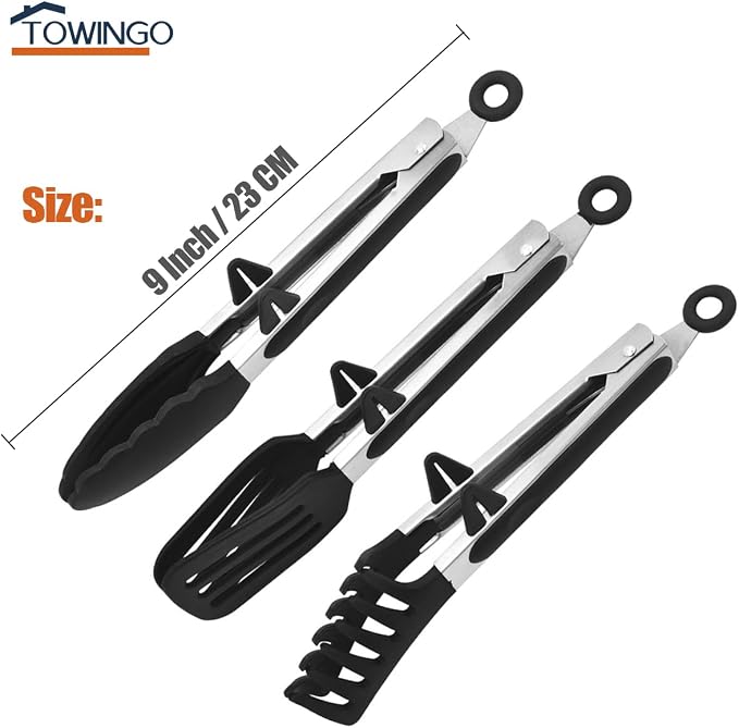 9" Kitchen Tongs for cooking with Silicone Tips, 3Pcs Serving Tongs, Black | Small Silicone Tongs mit kickstand, Food Grade, 3 different type of tongs, Stainless Steel