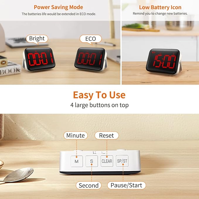 Magnetic Kitchen Timer for Cooking with Count Up Countdown, Digital Timer Battery Powered with Large Display, 2 Brightness and Volume Levels for Classroom, Teacher, Kids (Red)