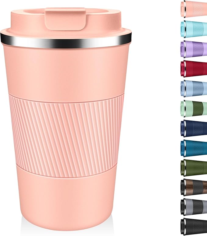 Insulated Coffee Tumbler 12 oz, Stainless Steel Coffee Mug with Lids, Travel Coffee Mug Leak Proof, Double Wall Vacuum Insulated Reusable Coffee Cup, Keep Drinks Hot and Cold (Peach Pink, 12 Ounces)