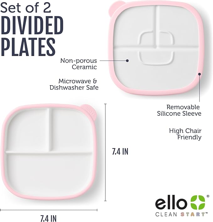 Ello Clean Start Ceramic Toddler Divided Plates, 2 Pack, Cashmere Pink/Dune | Porcelain toddler tableware for meals and snacks with silicone sleeves, microwave safe, dishwasher safe, and BPA-free