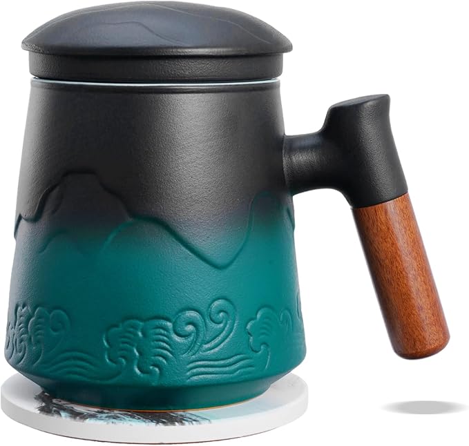 ZENS Tea Mug with Infuser and Lid & Coaster for Tea Steeper, 15oz Green | Embossed Ceramic Tea Cup with Infuser for Loose Leaf Tea Difussers, Tea Lovers Gifts, Nature Wood Handle