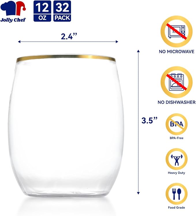 JOLLY CHEF 32 Pack 12 oz Champagne Flutes Gold Stemless Toasting Glasses | Plastic Wine Cups | Crystal | Shatterproof | Heavy Duty | Disposable | Unbreakable Drinkware for Wedding Party Thanskgiving