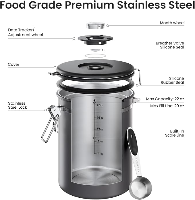 Veken Coffee Canister, Airtight Stainless Steel Food Storage Container,22OZ | Date Tracker, Kitchen Jars for Beans,Ground, Espresso, Rice,Tea, Sugar,Cereal,Cookie, Bar Accessories,Gifts, Lids, Scoop,Gray