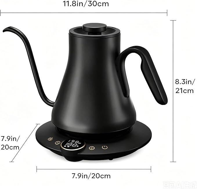 INTASTING Gooseneck Electric Kettle with ±1℉ Temperature Control 0.9 Liter | 1500W Quick Heating, Stainless Steel Inner, Pour Over Coffee & Tea, Keep Warm, Auto Shut-Off, Built-in Brew Timer, Black
