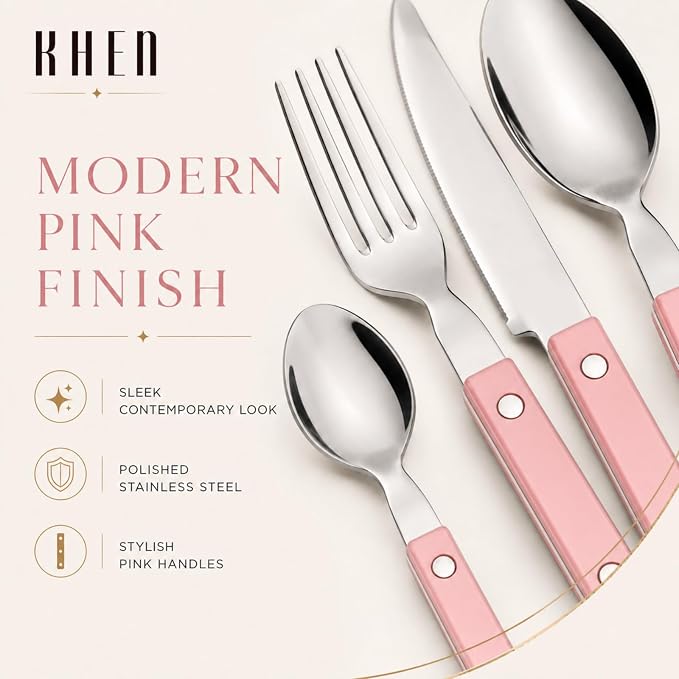 Khen Cutlery Set of 20 Pieces, 18/8 Stainless Steel Flatware, Modern Silverware for Home, Kitchen, Dining & Table Setting for 4, Dishwasher Safe, Lightweight & Ergonomic Design Gift - Pink