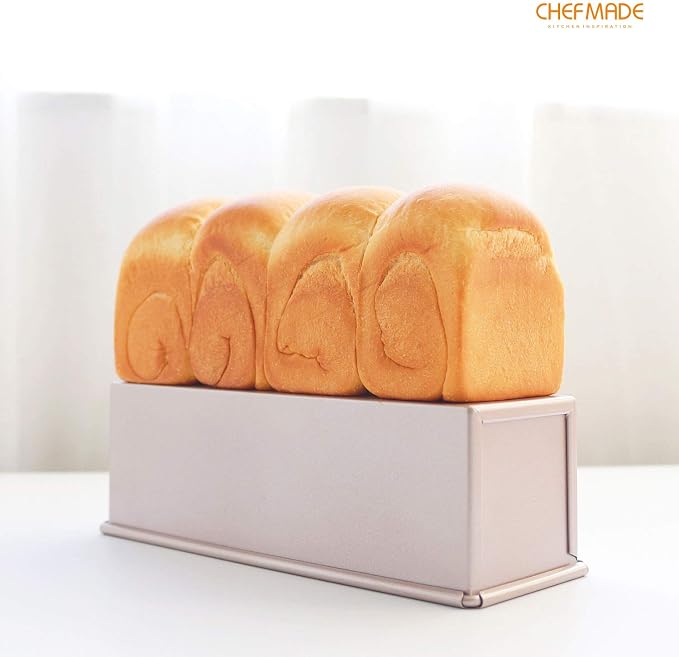CHEFMADE Mini Pullman Loaf Pan with Lid, 0.66Lb Dough Capacity Non-Stick Rectangle Flat Toast Box for Oven Baking 2.8" x 8.3"x 2.7"(Champagne Gold)