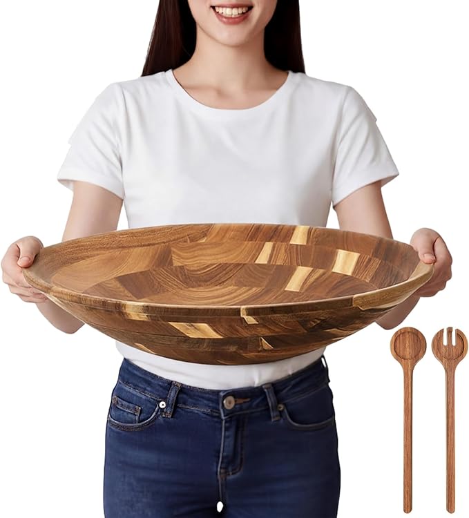 Geiserailie Extra Large 16 Inch Acacia Wood Salad Bowl Set Wooden Serving Bowl with Serving Utensils for Fruits, Pasta, Salad Farmhouse Kitchen for Housewarming Wedding Christmas Gift