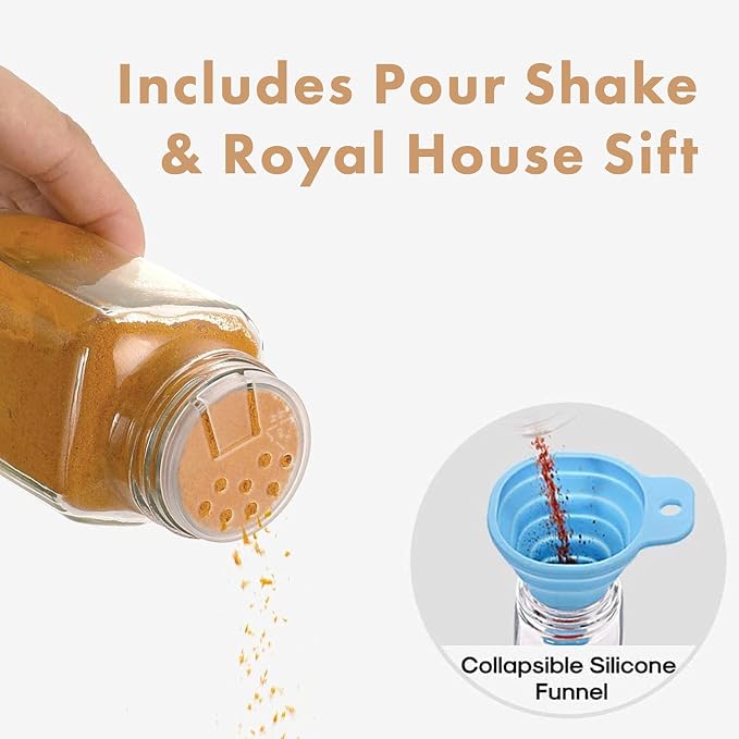 ROYALHOUSE 12 Pcs Glass Spice Jars/Bottles - 4oz Empty Square Spice Containers with Spice Labels and Airtight Metal Caps with Shaker Lids