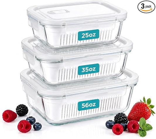 Glass Berry Container for Fridge, 3 Pack, 56oz 35oz 25oz, with Removable Colander and Vent Valve, Fresh Produce Storage Set(White)