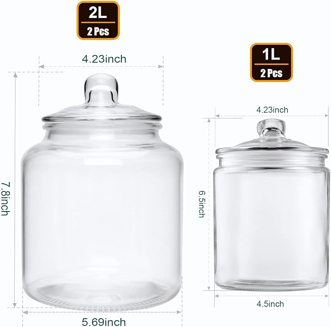 Salzesfalls Glass Storage Containers, Clear Glass Jar with Lids Set of 4 | 2 Pack 32oz and 2 Pack 64oz Cookie Jar & Candy Jar with Airtight Lid, Kitchen Canisters for Pantry, Flour, Coffee bean, Pasta