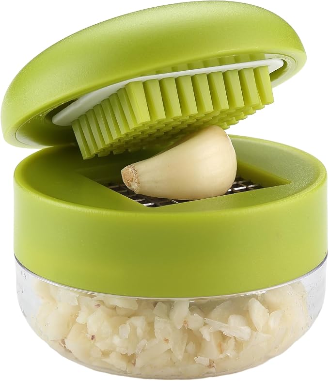 2PCS Garlic Presses and Chopper with Container | Stainless Steel Blades, Manual Mincer Cutter Grinder, with 2PCS mini Brushes - Suitable for Home and Camping – (Green)
