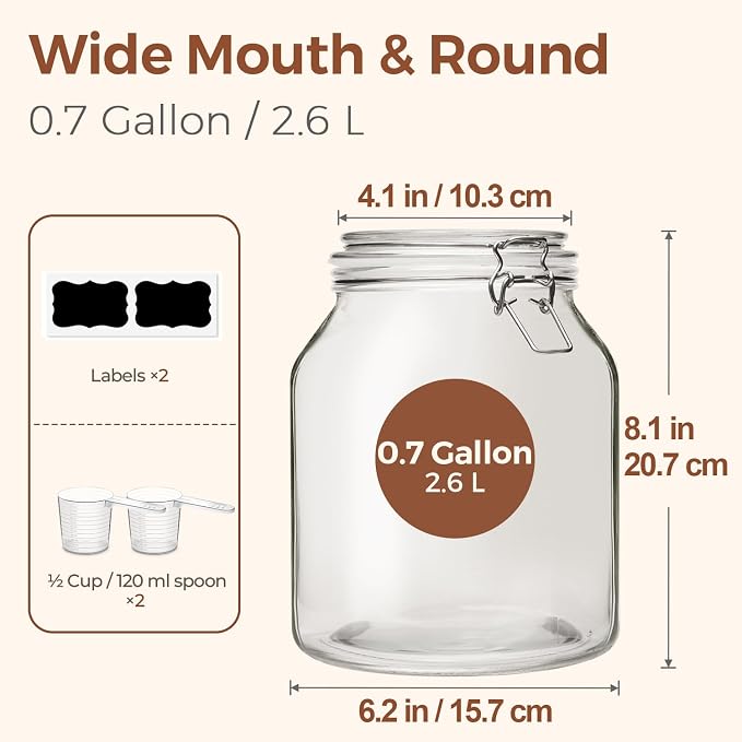 ComSaf Glass Pantry Jars with Airtight Lids 0.7 Gallon 2 Pack Wide Mouth | Flour sugar rice, Sourdough pickling, Pantry organization, Scoop included, Baking supplies, Bulk food storage, Large capacity