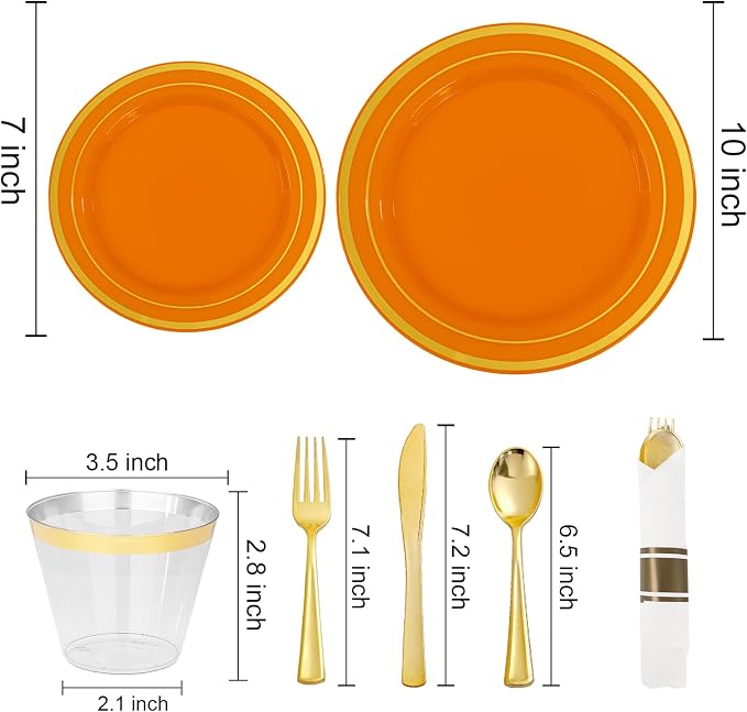DaYammi 210PCS Orange Plastic Dinnerware Set Orange Plates Disposable Disposable Plates for Party Include: 30 Dinner Plates,30 Dessert Plates,30 Pre Rolled Napkins with Silverware,30 Cups for Wedding