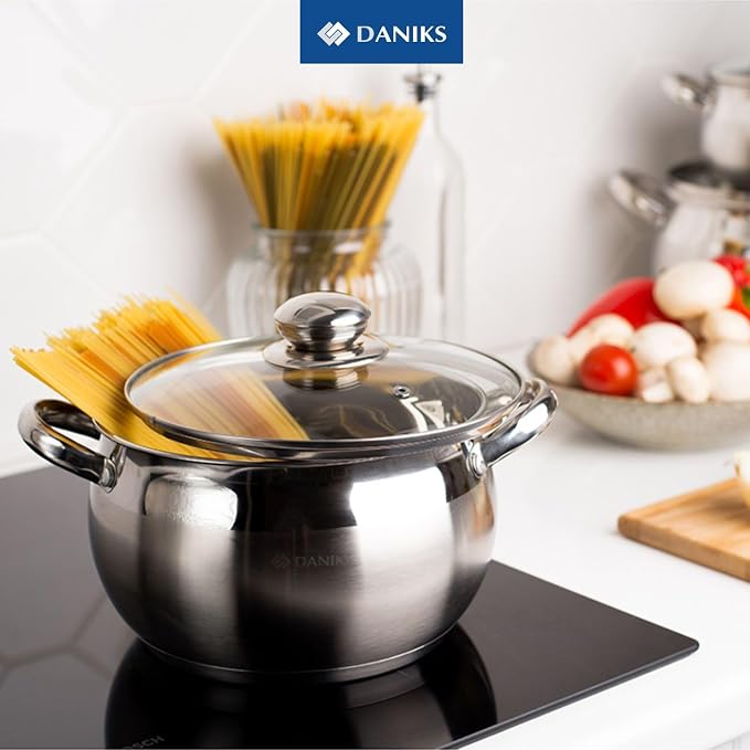 Daniks Classic 6.5 Quart Stainless Steel Stock Pot with Glass Lid, Tri-Ply Bottom for Even Heating, Induction Compatible, Dishwasher Safe