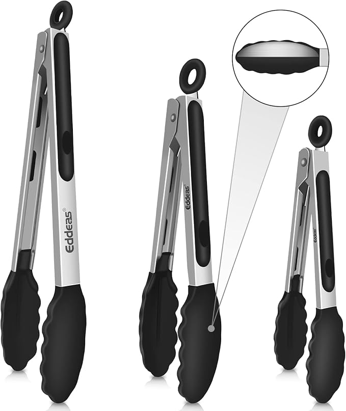 Kitchen Tongs Up To 600°F Silicone Tongs for Cooking 3Pcs 7,9,12 IN | Heat Resistant 600 Degrees,Heavy Duty Stainless Steel Locking Tong for Cooking with Silicone Tips Non-Stick Black