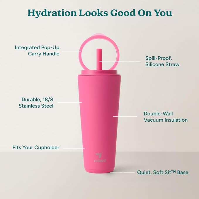 REDUCE Halo 32 oz Stainless Steel Vacuum Insulated Tumbler - Spill Proof Travel Mug with Flip Handle Lid - Keeps Drinks Cold for 32 Hrs - Dishwasher Safe - Cupholder Friendly - Dragon Fruit