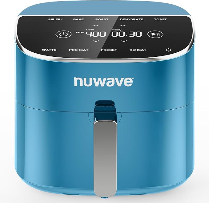 Nuwave Brio Plus 8 Qt Air Fryer, PFAS Free, New & Improved, 50-400°F in 5°F | Digital Touchscreen, Cool White Display, Ceramic Nonstick Coating, 5 Modes, 100 Presets/50 Memory, 700/1500/1800W, Cozy Blue