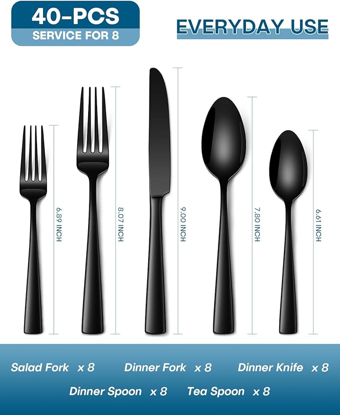 Stapava 40 Pcs Black Silverware Set, Food-Grade Stainless Steel Flatware Set for 8 Mirror Polished Cutlery Utensil Sets Include Dinner Knives Spoons and Forks Set Dishwasher Safe for Home Restaurant