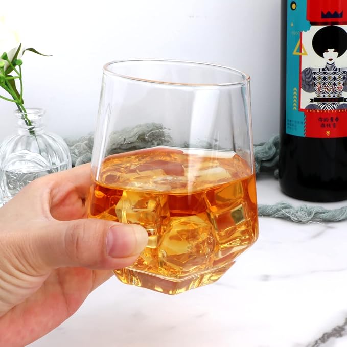Diamond Wine Glasses Set of 12, Stemless Red Wine Glass Cups 10oz | Geometric Clear Glassware, White Wine Glass Tumblers, Cocktail, Bourbon, Whiskey, Birthday, Party