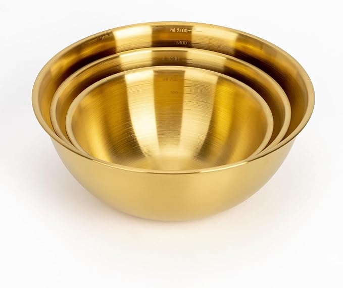 3-Set Stainless Steel Golden Mixing Bowls Set (8.26"+7.1"+6.3"), Metal Bowl with Measurement Marks, Dishwasher Safe & Stackable - Perfect for Baking, Salad Making, Meal Prep and Kitchen Use