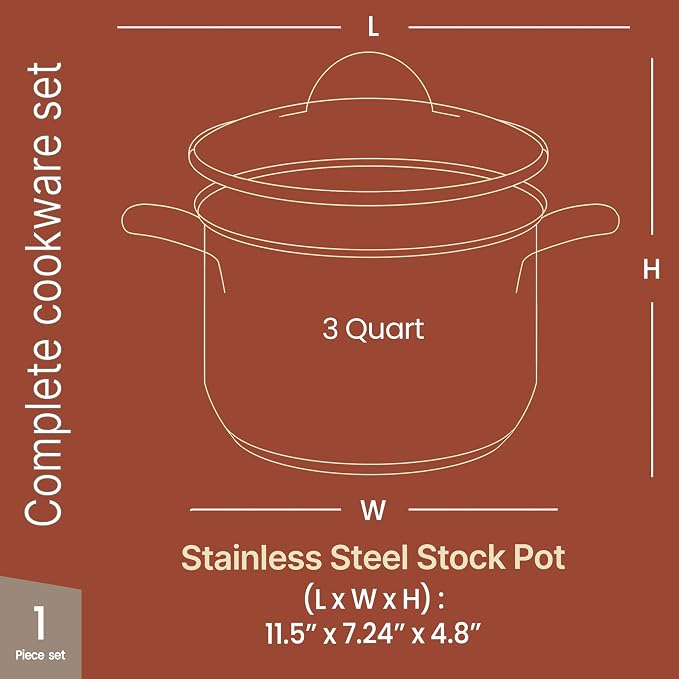 Stainless Steel Stockpot with Tempered Glass Lid 3 Quart, Durable 18/0 Stainless Steel, Impact-Bonded Base for Even Heating, Riveted Handles, Oven & All Stove Compatible, Safe Up To 500°F (260°C)