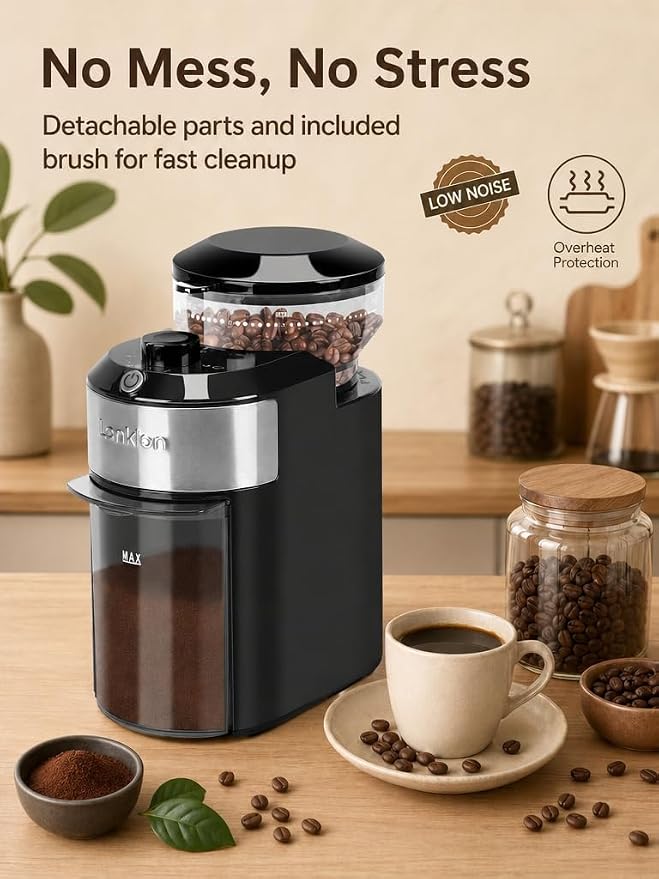 Coffee Grinder - Lonkion Electric Burr Coffee Grinder with 28 Grind Settings - Anti-Static Coffee Bean Grinder for Espresso, Drip, French Press - 2-12 Cup Adjustable - Stainless Steel - Gloss Black