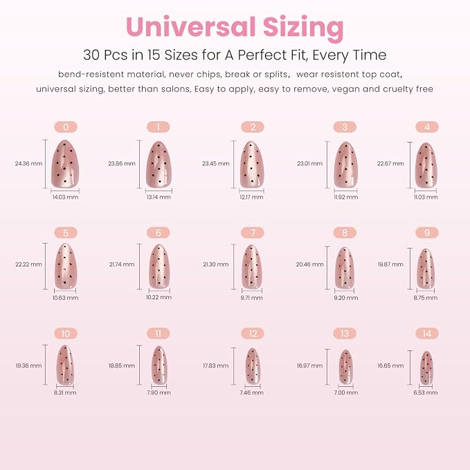 Nail Reformation Press On Nails, Watermelon Seeds | Polka Dot Medium Almond | Fake Nails with Black Dot on Rosy Pink Base, Glossy Reusable Stick On Nails Kit 30 Pcs in 15 Sizes, Manicure Gifts for Women