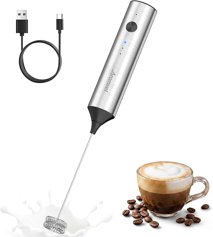 Rechargeable Milk Frother Handheld, 3 Speeds for Coffee, Latte | Electric Foam Maker with Dual Spring Whisk, Hot Chocolate, Portable Charging USB-C Stainless Steel Hand Drink Mixer