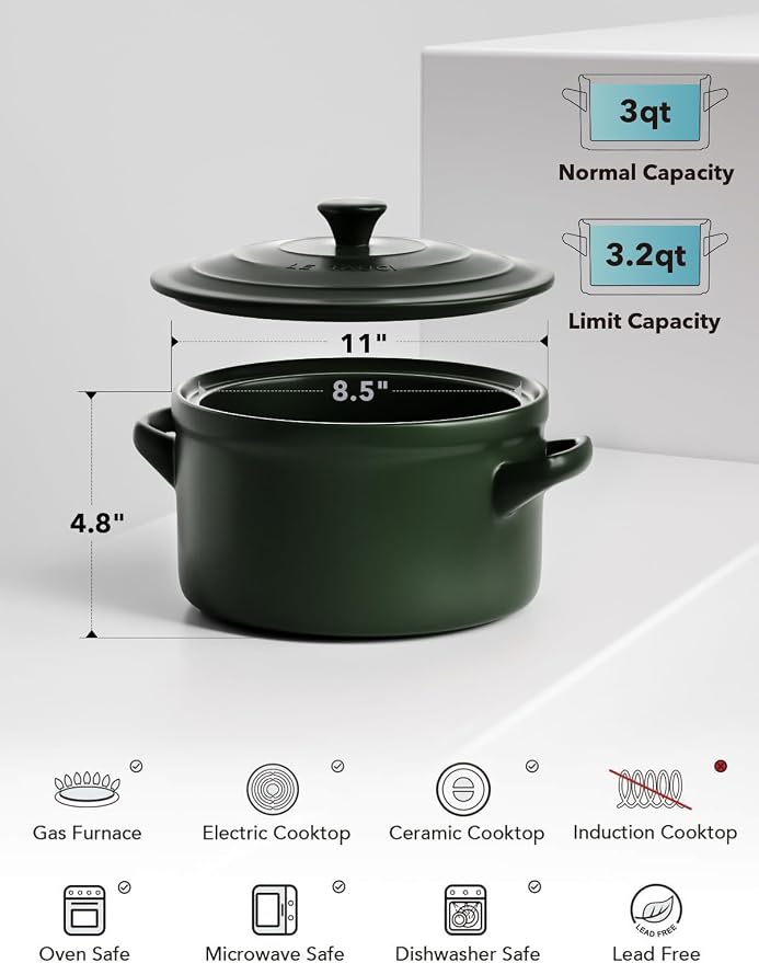 LE TAUCI 3 QT Ceramic Bread Baker with Lid for Sourdough, Covered Bread Baking Pot with Natural Steam Retention, Oven Safe to 500°F, Silicone Bread Sling Included, Forest Green