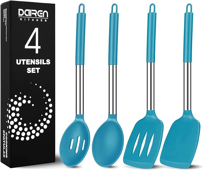 Large Silicone Cooking Spatulas and Spoons, BPA Free, 4 Pack (Blue) | Slotted & Solid Stainless Steel Cooking Utensils Set, Non-stick Heat Resistant Kitchen for Baking, Fried, Stir-Fry, Serving