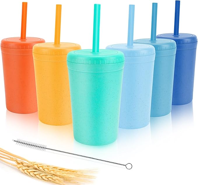 10 oz Wheat Straw Cups with Lids and Silicone Straws,6 Pcs Drinking Glasses | Unbreakable Plastic Cups for Kitchen, Small Tumbler Straw Cups with Cleaning Brush, BPA Free, Dishwasher & Microwave Safe
