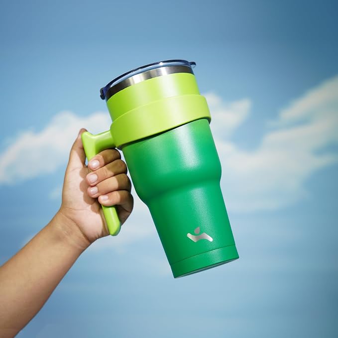 Konokyo 30 oz Tumbler with Handle and Straw, Insulated Travel Mug | Matcha Green; BPA-free, leak-proof tumbler with 2 lids, 2 straws, cup holder fit for coffee, office, travel & daily use