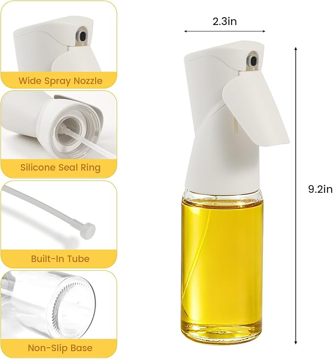 Oil Sprayer for Cooking, Upgraded 7.4oz Olive Oil Sprayer Mister, Large Olive Oil Spray Bottle for Air Fryer, Salads, BBQ & Kitchen, Professional Oil Sprayer with Even Mist（White）