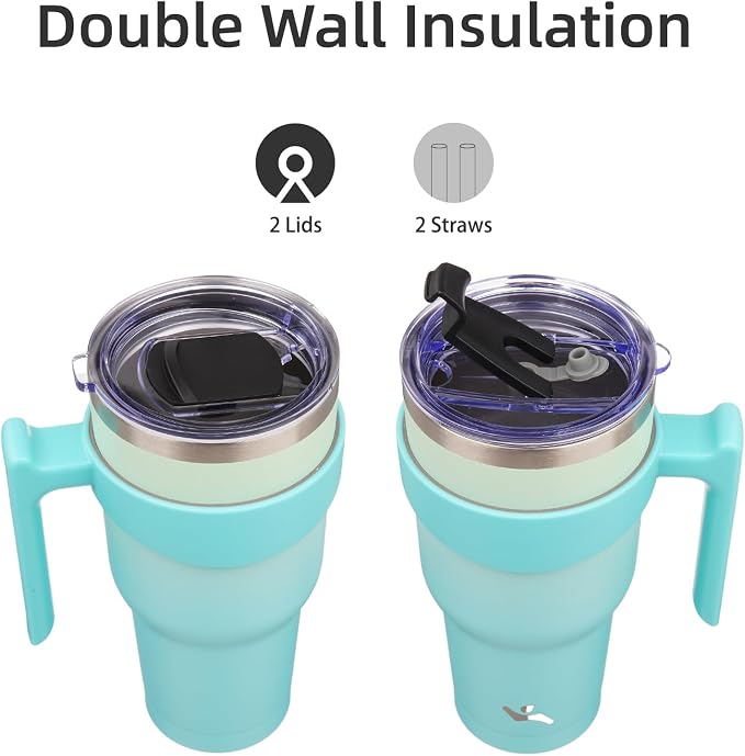Konokyo 40 oz Tumbler with Handle and Straw, Insulated Travel Mug | Mint; BPA-free, leak-proof tumbler with 2 lids, 2 straws, cup holder fit for coffee, office, travel & daily use
