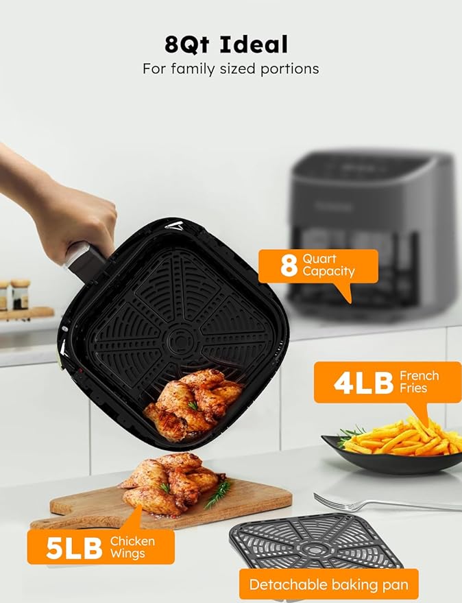 Nuwave Brio Plus 8 Qt Air Fryer, PFAS Free, New & Improved, 50-400°F in 5°F | Digital Touchscreen, Cool White Display, Ceramic Nonstick Coating, 5 Modes, 100 Presets/50 Memory, 700/1500/1800W, Cool Gray