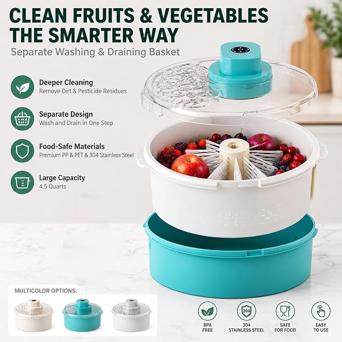 Electric Fruit Washer Spinner Bowl, Automatic Produce Cleaner Spinner | 360° Rotating Inner Basket Separates Water Quickly, Fruit and Vegetable Washer for Berries & Salad Greens Kitchen Preparation